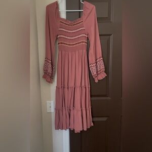 Chic Long Sleeve Smocked Maxi Dress in Mauve